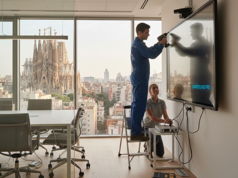 Instalación de Pizarras Interactivas en Barcelona 1 Técnico especialista de Best Sistemas realizando una instalación de pizarra interactiva en una oficina de Barcelona.