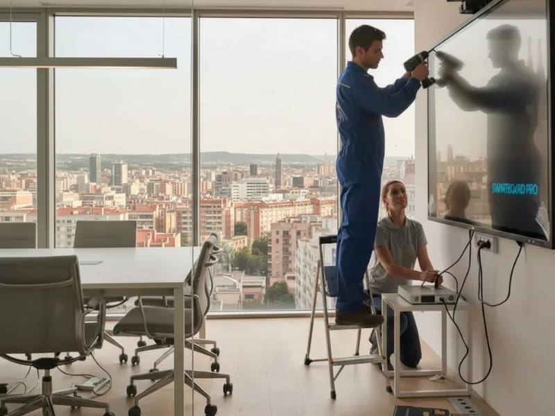 Técnico especialista de Best Sistemas instalando un monitor interactivo en una empresa de Sabadell.