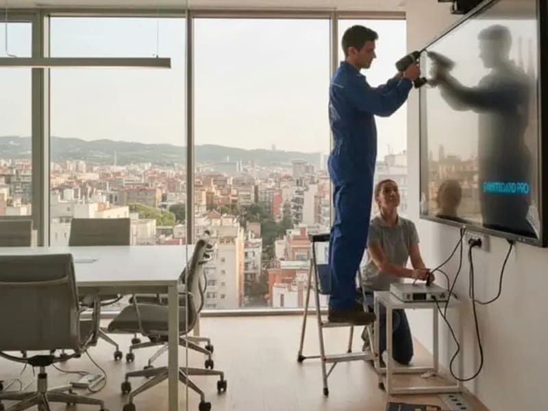 Instalación de Pizarras Interactivas en Terrassa 1 Técnico especialista de Best Sistemas realizando una instalación de pizarra interactiva en una oficina de Terrassa.